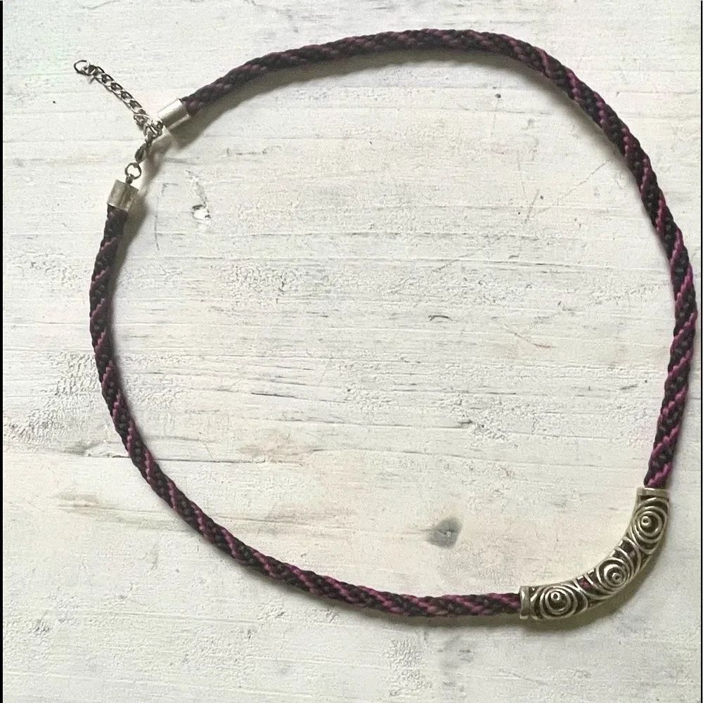 Silver tone filigree tube bead or snag necklace on purple black rope